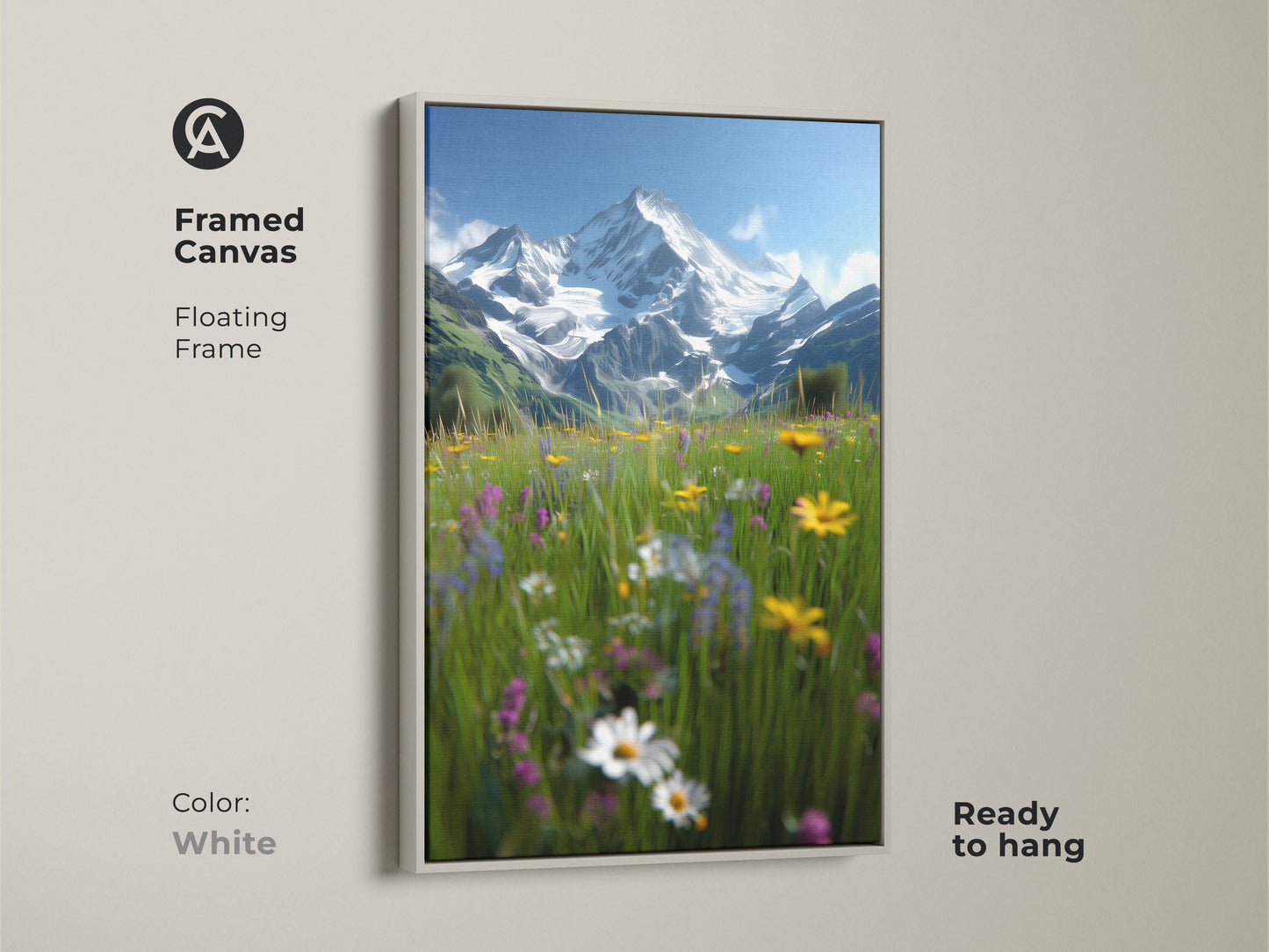 Framed canvas print featuring an alpine meadow. The white floating frame highlights the impressionistic landscape. Snow-capped mountains provide a stunning backdrop to the wildflowers. This rustic wall decor is ready to hang. It's a beautiful housewarming gift for nature lovers.