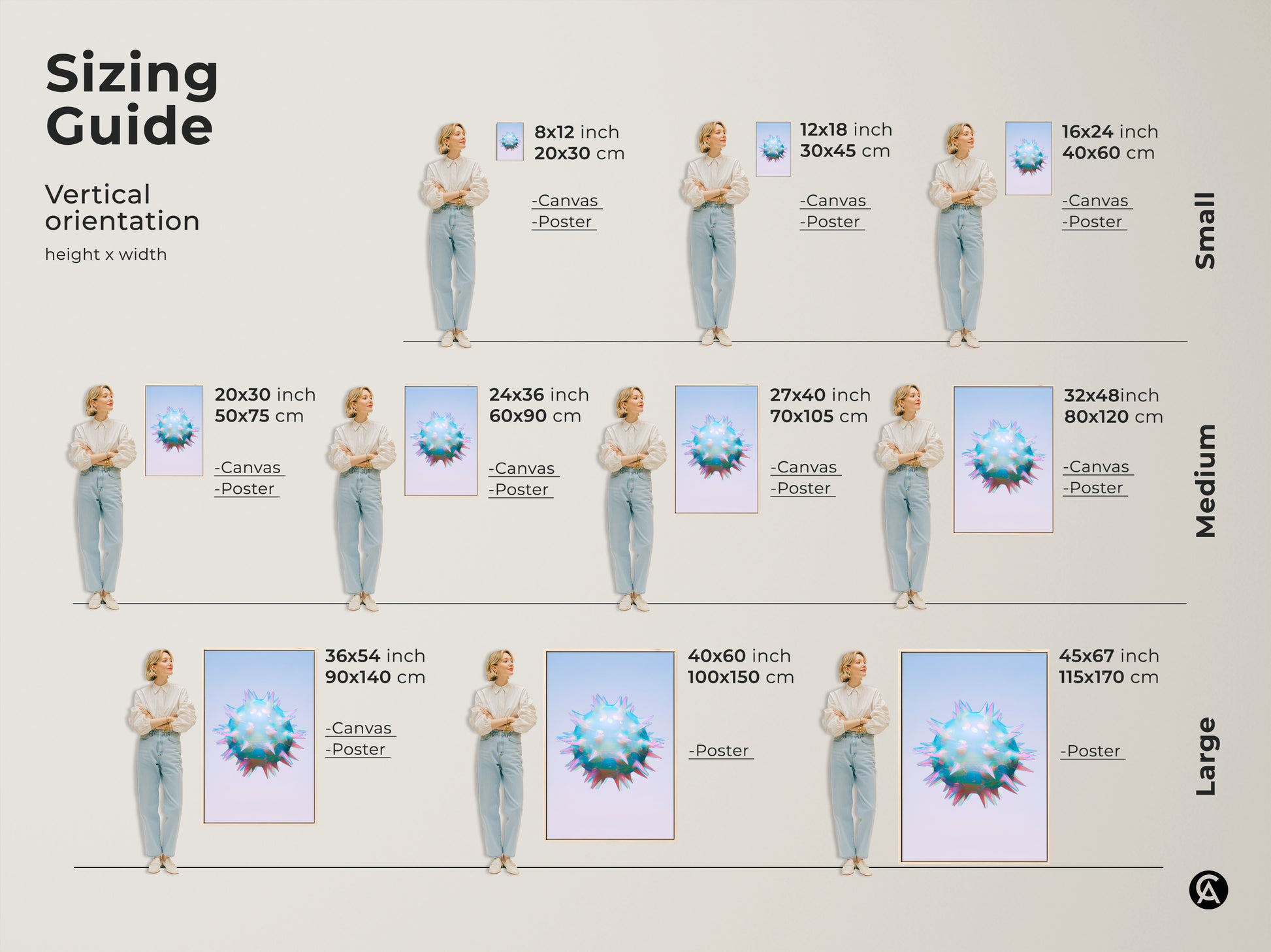 Sizing guide for holographic abstract cell art prints. Vertical orientation height and width options. Available as canvas or poster in small medium and large sizes. Perfect for office decor.