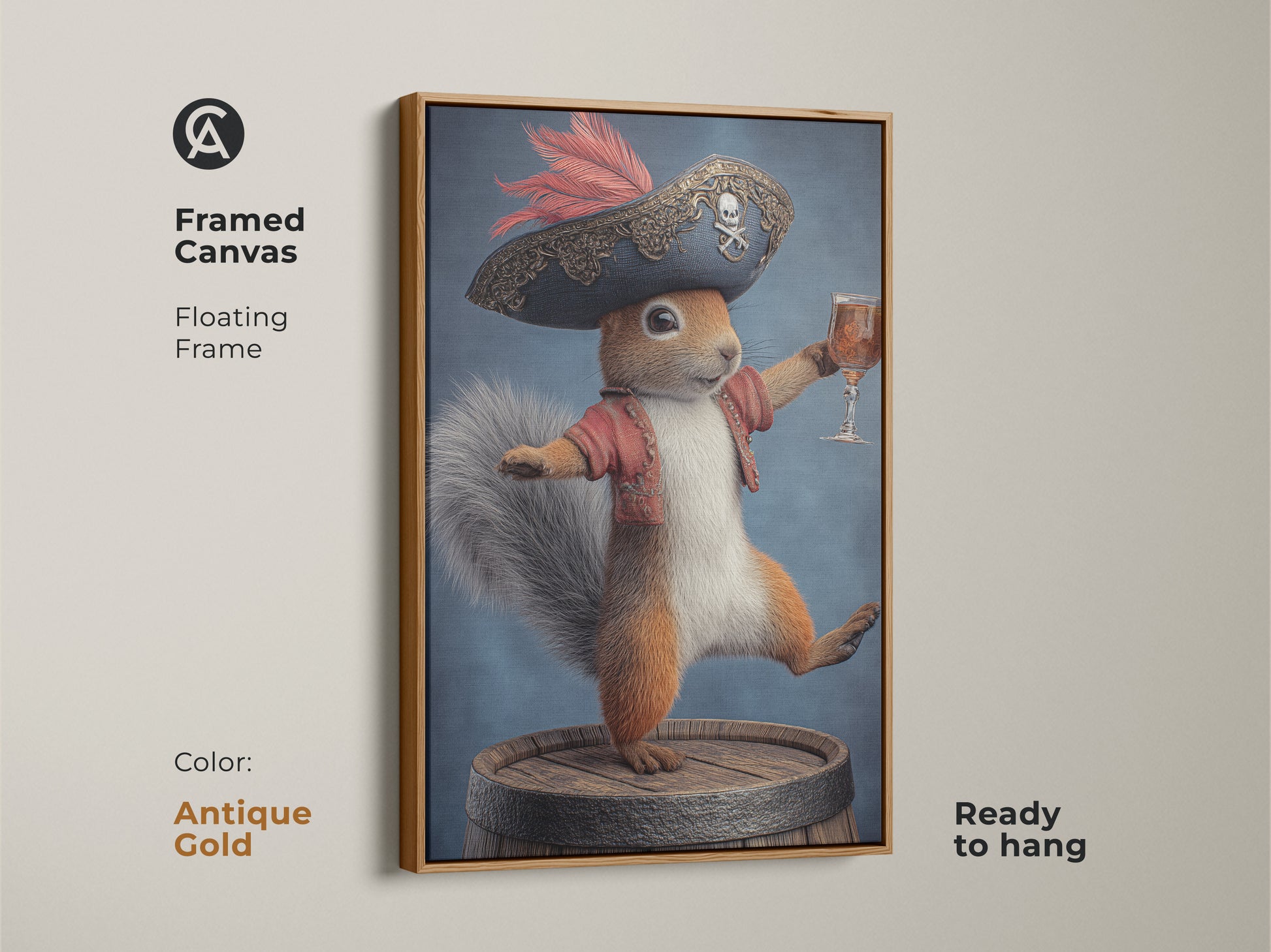 Framed canvas art showcasing a pirate squirrel with an antique gold frame. This fantasy animal print captures a whimsical squirrel dressed as a pirate holding a drink. Ideal for eclectic home decor art. Ready to hang. Perfect as a unique animal art print or novelty office decor.
