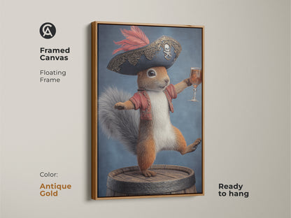 Framed canvas art showcasing a pirate squirrel with an antique gold frame. This fantasy animal print captures a whimsical squirrel dressed as a pirate holding a drink. Ideal for eclectic home decor art. Ready to hang. Perfect as a unique animal art print or novelty office decor.