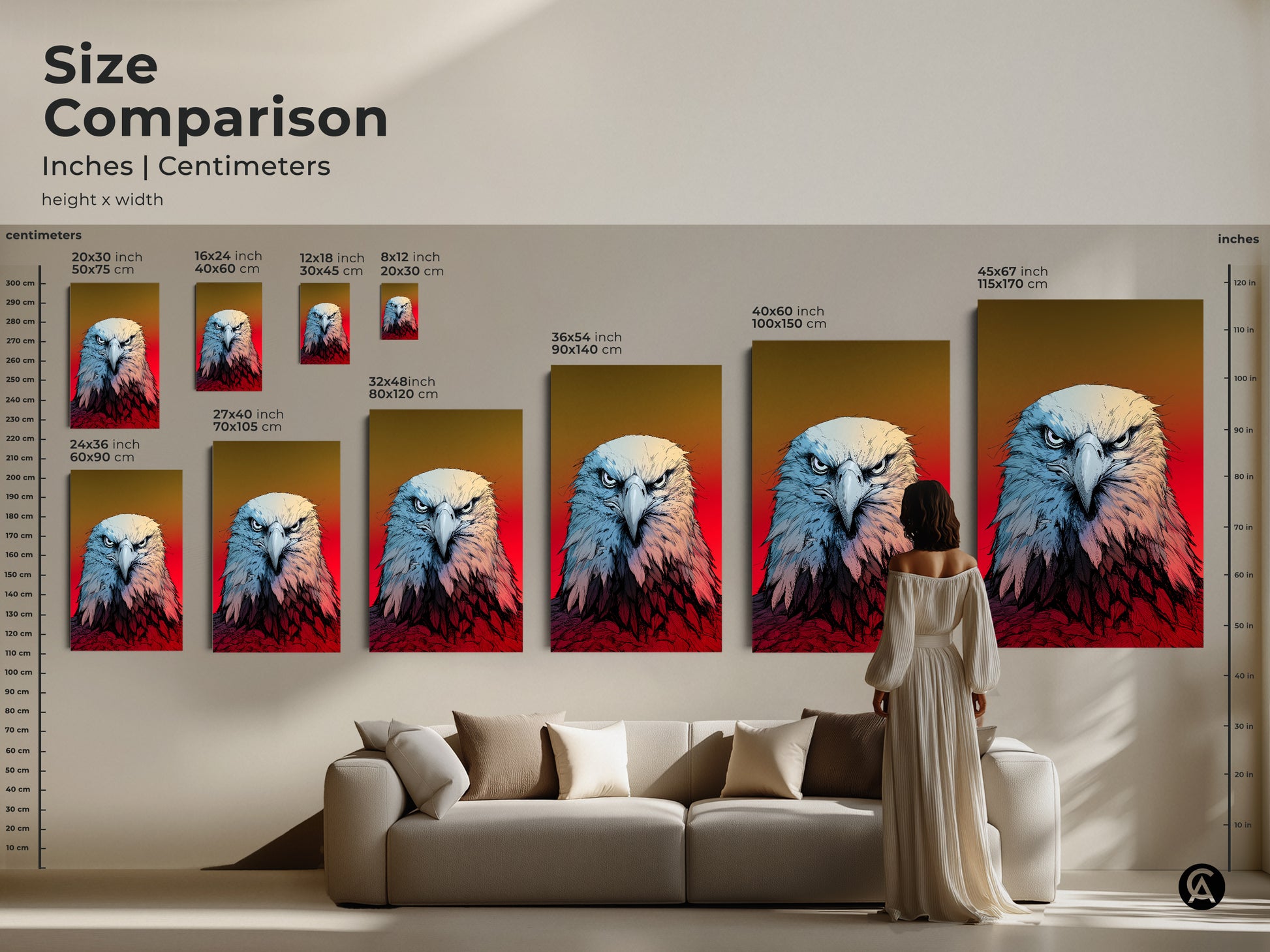 Compare the size of this American Eagle canvas art with our handy guide. Sizes range from small to large to fit any space. Perfect as patriotic wall decor or wildlife art. Envision how this eagle head art will enhance your home or office.