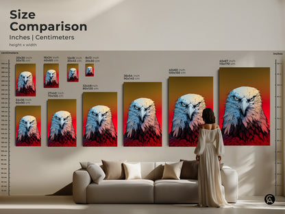 Compare the size of this American Eagle canvas art with our handy guide. Sizes range from small to large to fit any space. Perfect as patriotic wall decor or wildlife art. Envision how this eagle head art will enhance your home or office.