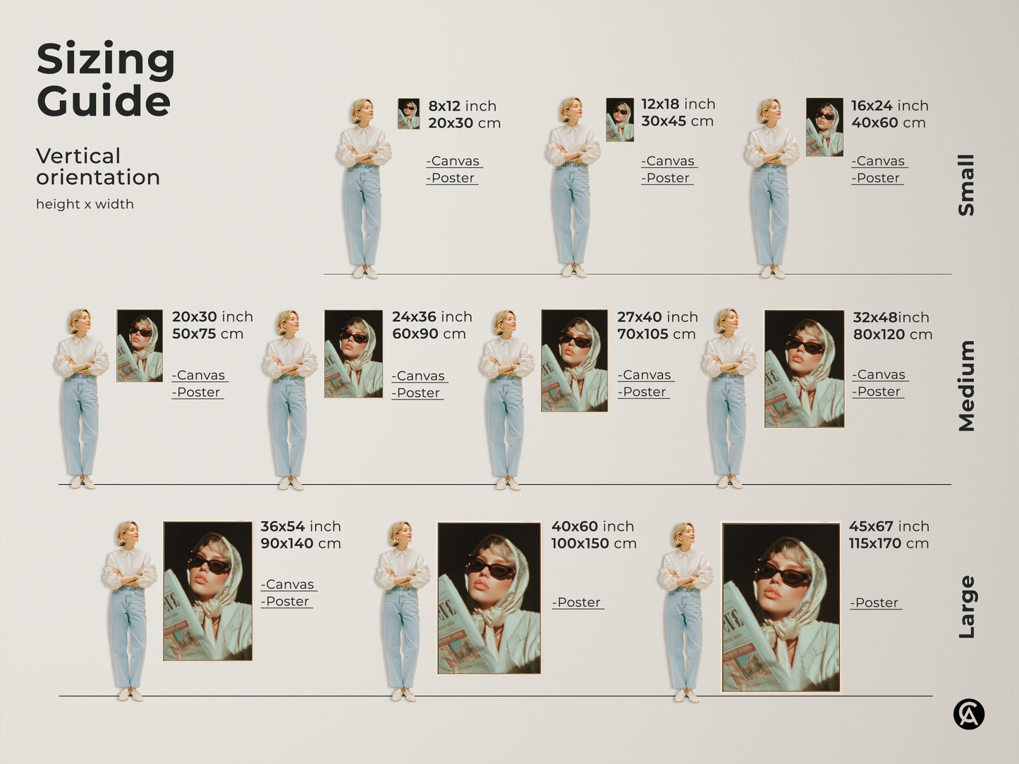 Sizing Guide for Retro Glamour Fashion Portrait. Vertical orientation options from small to large.  Available as both Canvas and Poster art.  Find the perfect size for your aesthetic wall decor. Ideal gift for fashion lovers.