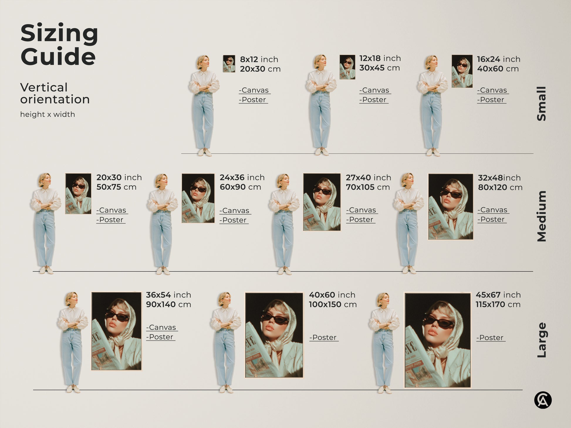 Sizing Guide for Retro Glamour Fashion Portrait. Vertical orientation options from small to large.  Available as both Canvas and Poster art.  Find the perfect size for your aesthetic wall decor. Ideal gift for fashion lovers.