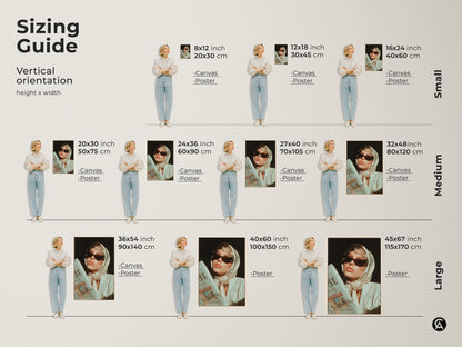 Sizing Guide for Retro Glamour Fashion Portrait. Vertical orientation options from small to large.  Available as both Canvas and Poster art.  Find the perfect size for your aesthetic wall decor. Ideal gift for fashion lovers.