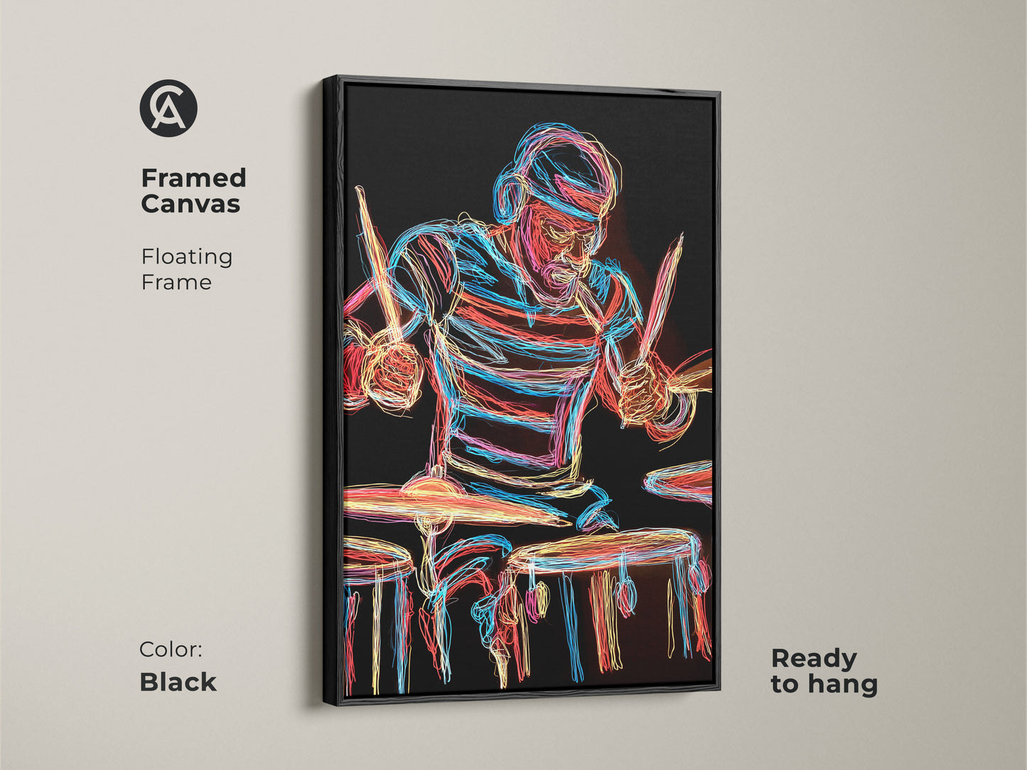 Black Framed Canvas featuring a Neon Drummer. This abstract artwork adds a contemporary touch to any room. Ready to hang this art is a perfect gift for musicians. The floating frame enhances the bold colors.