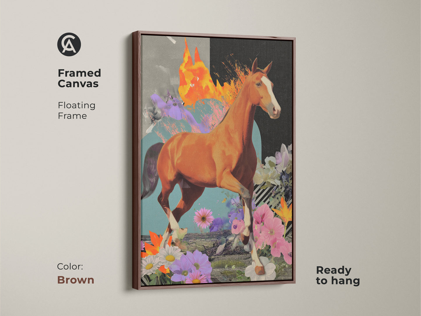 The framed canvas presents a surreal horse artwork with a floating frame. This eclectic collage wall art displays a dynamic horse and abstract textures. The brown frame complements the orange brown and teal tones. Ready to hang this mixed media horse print is a unique wall art.