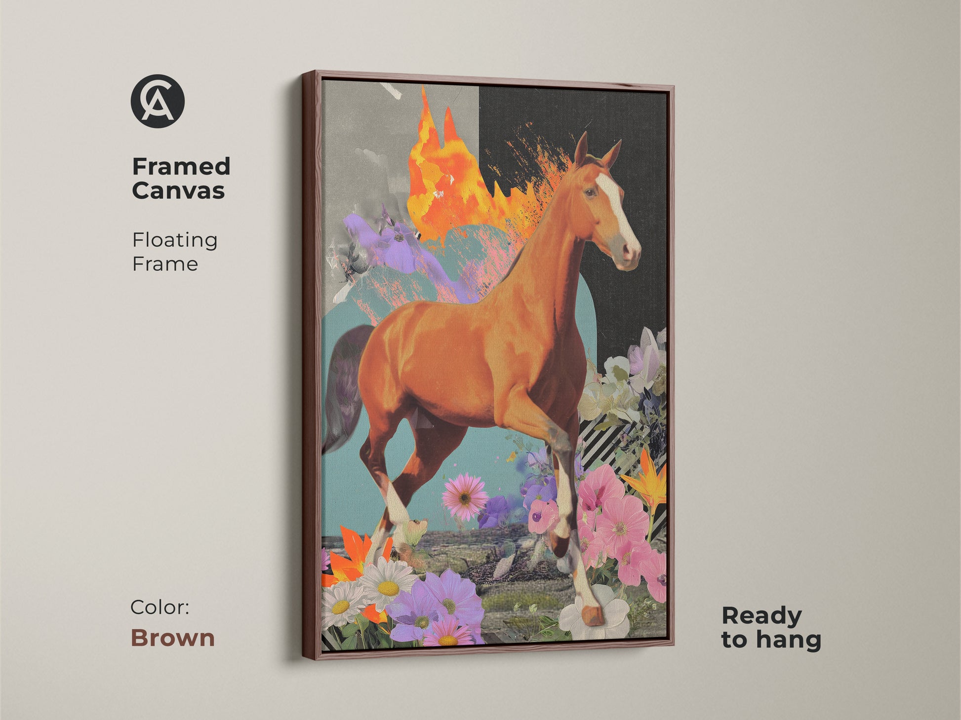 The framed canvas presents a surreal horse artwork with a floating frame. This eclectic collage wall art displays a dynamic horse and abstract textures. The brown frame complements the orange brown and teal tones. Ready to hang this mixed media horse print is a unique wall art.
