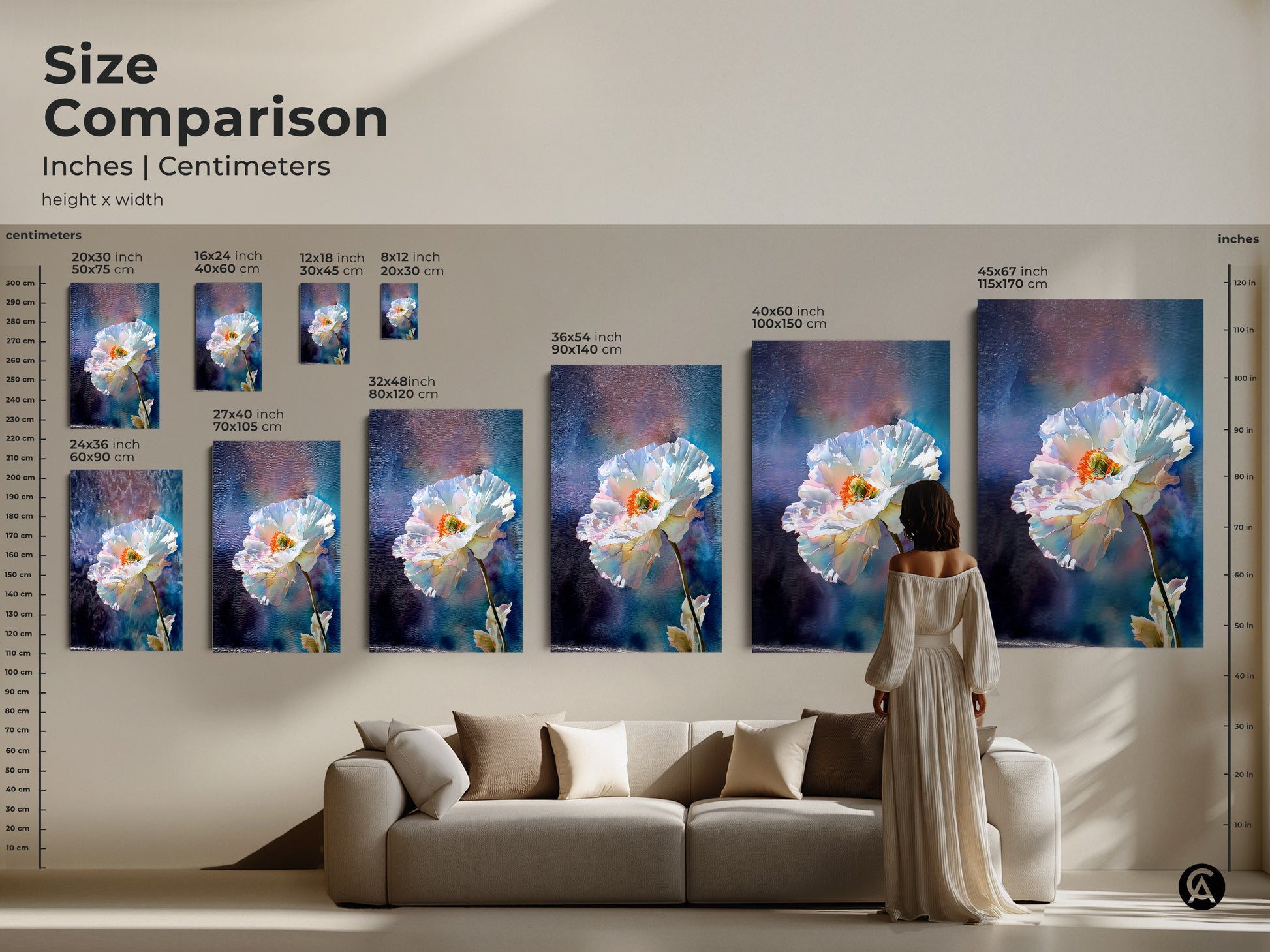 Size Comparison of White Poppy Art. See inches and centimeters for canvas and poster prints. Visualize the artwork above a sofa to understand scale. Find the perfect size for your botanical floral wall art to complement your living room.