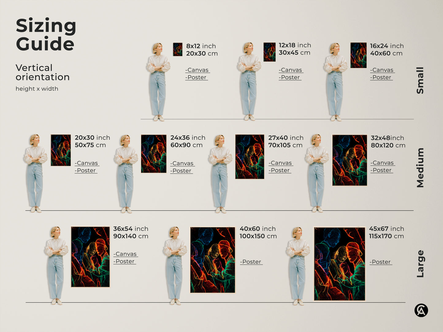 Sizing guide for vertical neon line art prints. Available in small medium and large sizes. Perfect as canvas or poster to enhance any room. Features a contemporary group portrait with red blue and green abstract figures.