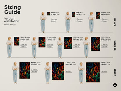 Sizing guide for vertical neon line art prints. Available in small medium and large sizes. Perfect as canvas or poster to enhance any room. Features a contemporary group portrait with red blue and green abstract figures.