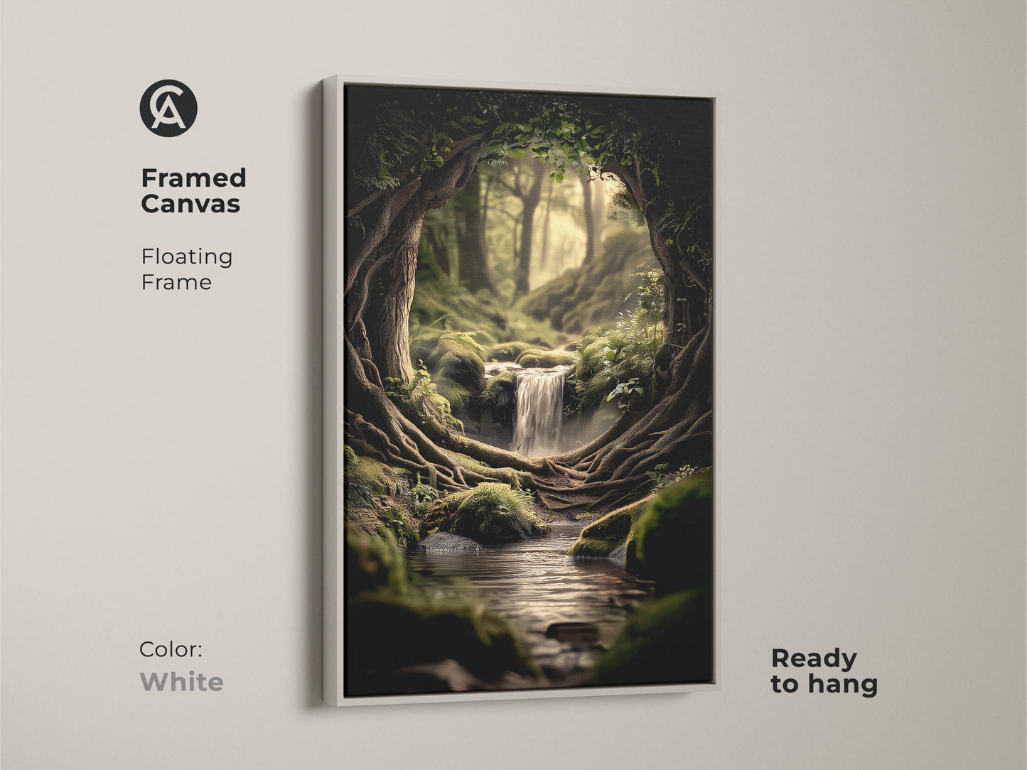 White framed canvas features a floating frame and a vivid forest scene. The digital art print shows a beautiful cascading waterfall. It is a ready-to-hang nature wall decor.