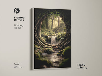 White framed canvas features a floating frame and a vivid forest scene. The digital art print shows a beautiful cascading waterfall. It is a ready-to-hang nature wall decor.