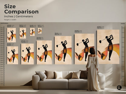 Size comparison of abstract golfer art prints. See inches and centimeters. Visualize artwork above sofa in various sizes. Find the perfect modern sports art for any size room.
