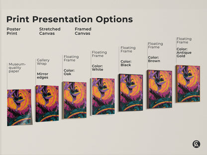 Explore our print presentation options including poster prints stretched canvas and framed canvas art. Each option features a cartoon bird character with sunglasses. Various frame colors are available such as white black brown and antique gold. Find the perfect style to match your aesthetic.