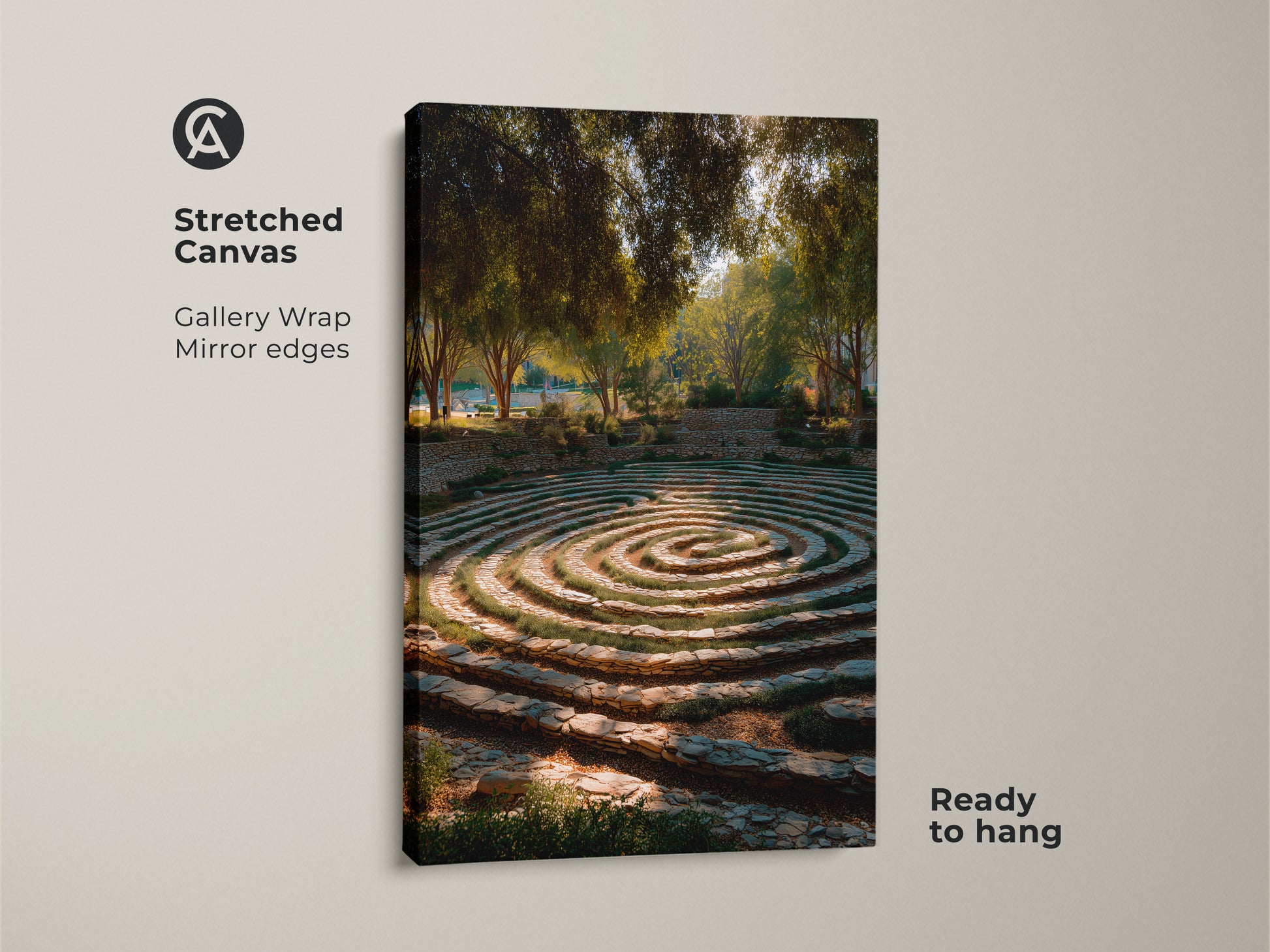 Stretched canvas gallery wrap featuring a garden maze with stone steps. This biophilic landscape artwork adds a touch of nature to any space. The gold brown and green tones evoke a tranquil ambiance and the mirror edges enhance the ready to hang nature landscape.