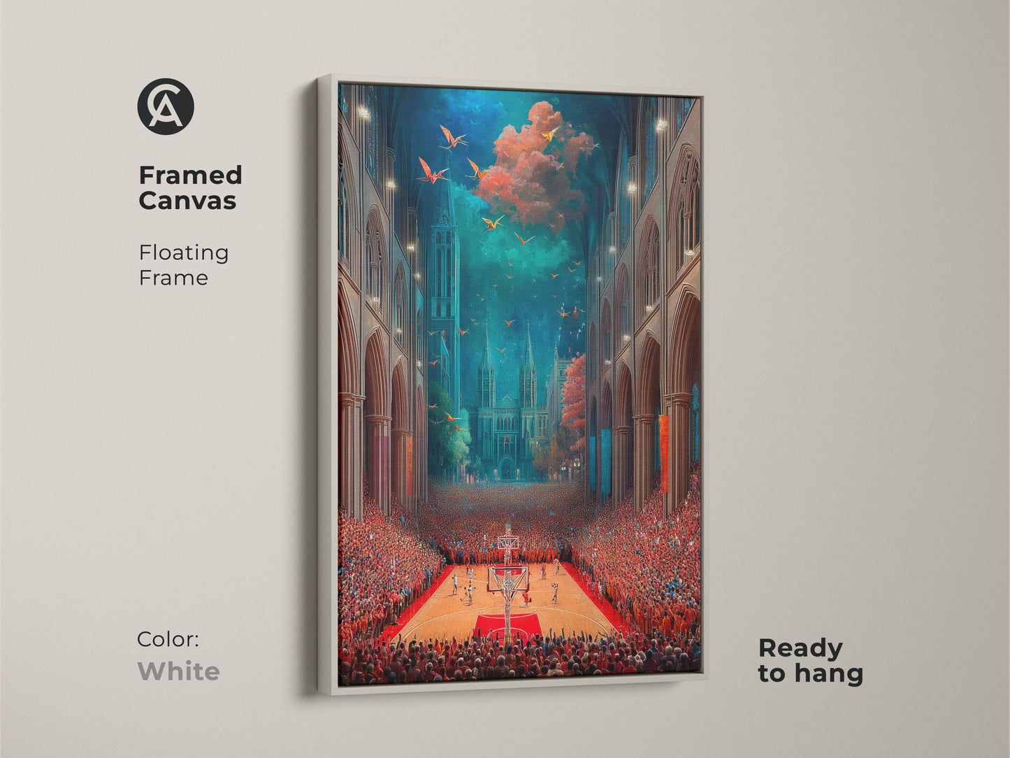 Framed canvas showcases surreal basketball cathedral art with a white floating frame. The artwork combines gothic architecture and sports themes. This eclectic piece is perfect for adding a unique touch to any room. Ready to hang.