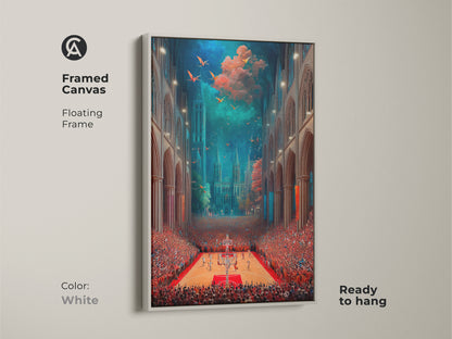 Framed canvas showcases surreal basketball cathedral art with a white floating frame. The artwork combines gothic architecture and sports themes. This eclectic piece is perfect for adding a unique touch to any room. Ready to hang.
