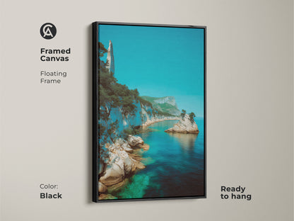 Enhance your decor with this framed Azure Ocean Cliff Canvas. The floating frame showcases a turquoise coastal landscape print. Ready to hang it brings a deep blue ocean view to your living space. A perfect gift for beach house decor this artwork adds sophistication.