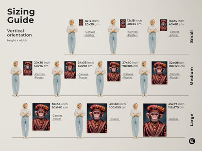 Sizing guide for vertical orientation of the Regal Monkey art print. Sizes are shown in inches and centimeters. The artwork features a regal monkey in a red and gold ornate suit and turban. This is perfect bohemian style wall art that makes a conversation starter.