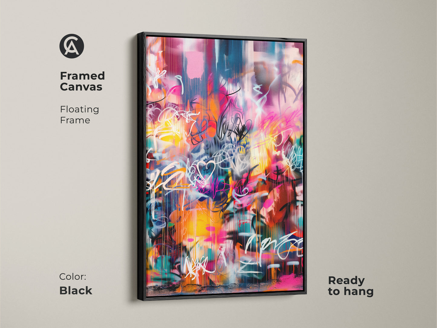 Framed canvas with graffiti-style artwork in a black floating frame ready to hang. The contemporary art piece features vibrant pink yellow and blue colors. The black frame enhances the artwork's modern aesthetic. A bold statement piece for any room.