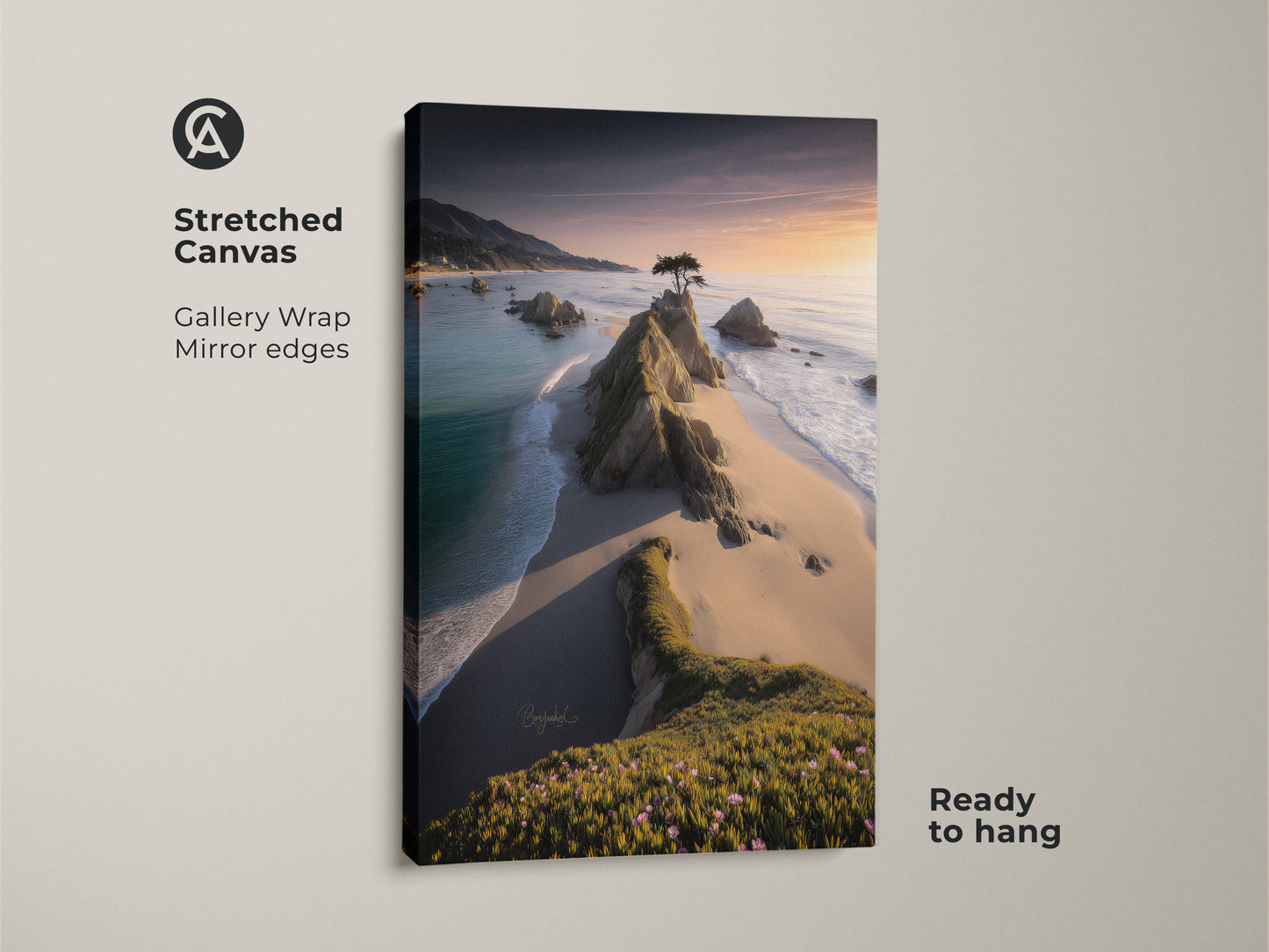 Stretched canvas showcasing a coastal rocky coast landscape artwork with a lone tree. The ocean sunset wall art has gallery wrap mirror edges and is ready to hang. This golden hour seascape print enhances modern coastal decor. It's an ideal housewarming gift.