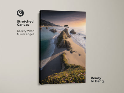 Stretched canvas showcasing a coastal rocky coast landscape artwork with a lone tree. The ocean sunset wall art has gallery wrap mirror edges and is ready to hang. This golden hour seascape print enhances modern coastal decor. It's an ideal housewarming gift.