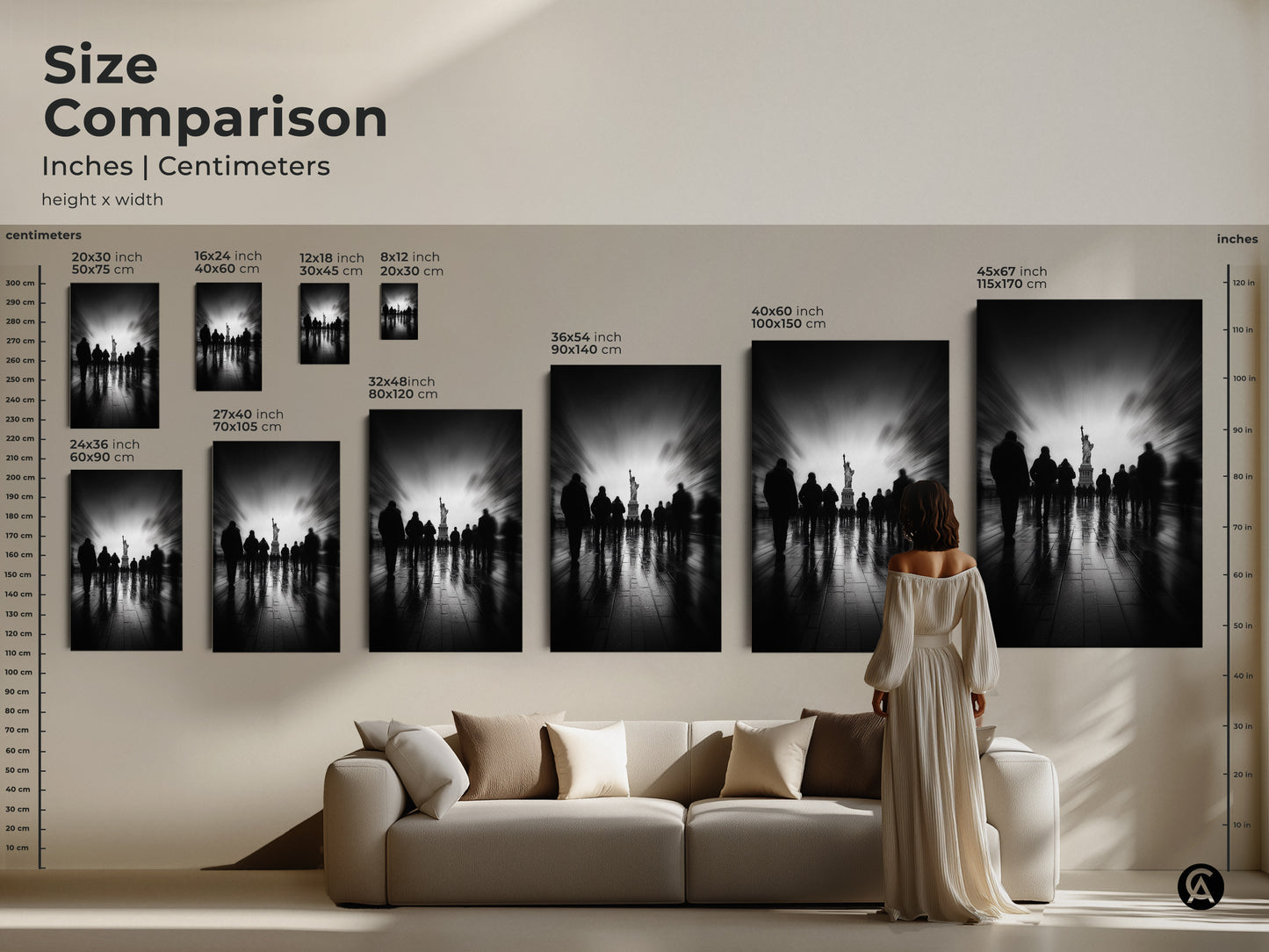 Compare sizes and envision the artwork in your home. See how different dimensions impact the visual presence. Featuring a monochrome depiction of the Statue of Liberty. Available in various sizes to perfectly fit your living space and style.
