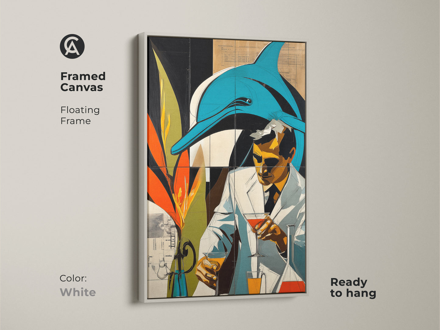 Framed Canvas Floating Frame art shows a surreal blend of retro futurism and marine life featuring a dolphin and a scientist. Teal and orange create an eclectic graphic novel aesthetic. The white frame art is ready to hang. This artwork is a great gift for science enthusiasts.