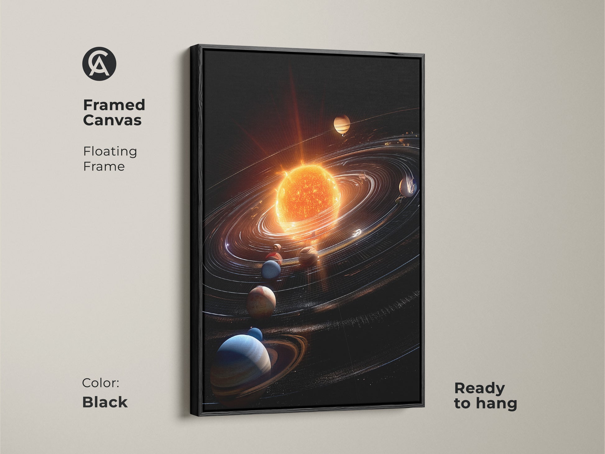 Framed canvas art presents a floating frame with solar system artwork. The black frame enhances the vibrant sun and planets. This piece arrives ready to hang. Elevate your home decor with this stylish and captivating space-themed artwork.