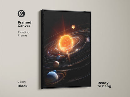 Framed canvas art presents a floating frame with solar system artwork. The black frame enhances the vibrant sun and planets. This piece arrives ready to hang. Elevate your home decor with this stylish and captivating space-themed artwork.
