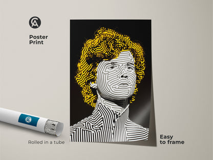 Poster print of a portrait featuring line art. The person in the artwork has yellow hair. The museum-quality paper poster is rolled in a tube. This modern art print is easy to frame and display.