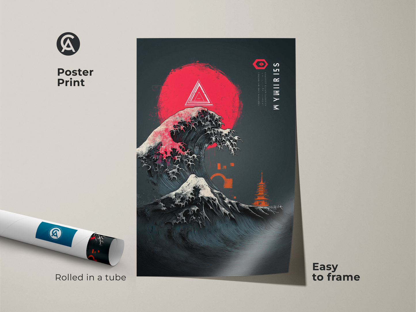 Poster print showcases ukiyo-e wave art. The japanese ocean waves canvas has a crimson sun. It is easy to frame this pagoda art print. The minimalist entryway decor features dark blue abstract art. This is a japanese landscape painting and a high contrast art print.
