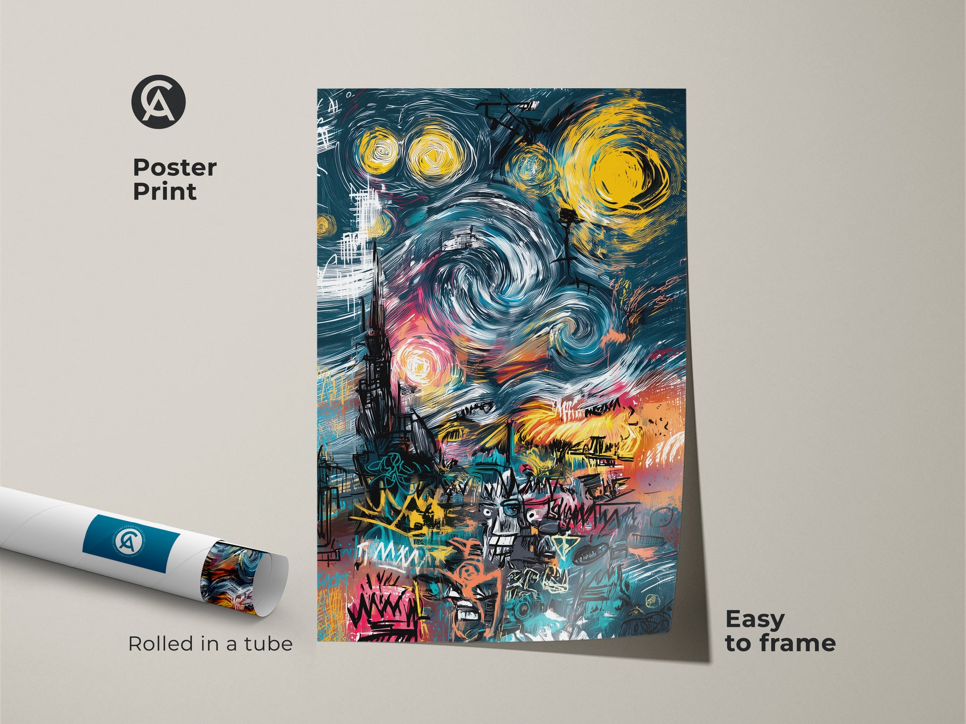 Poster Print Graffiti Style Starry Night Artwork. This museum-quality paper poster print is easy to frame. The artwork is a modern take on a classic painting. The art is colorful and vibrant. Decorate your walls.