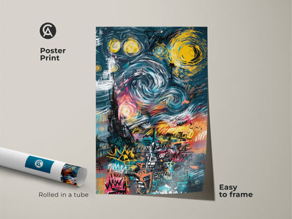 Poster Print Graffiti Style Starry Night Artwork. This museum-quality paper poster print is easy to frame. The artwork is a modern take on a classic painting. The art is colorful and vibrant. Decorate your walls.