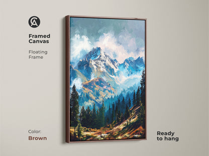 Transform your home decor with this framed canvas mountain artwork in brown. The floating frame enhances the overall aesthetic. The artwork depicts a stunning mountain landscape with vibrant colors. It is ready to hang and enjoy.