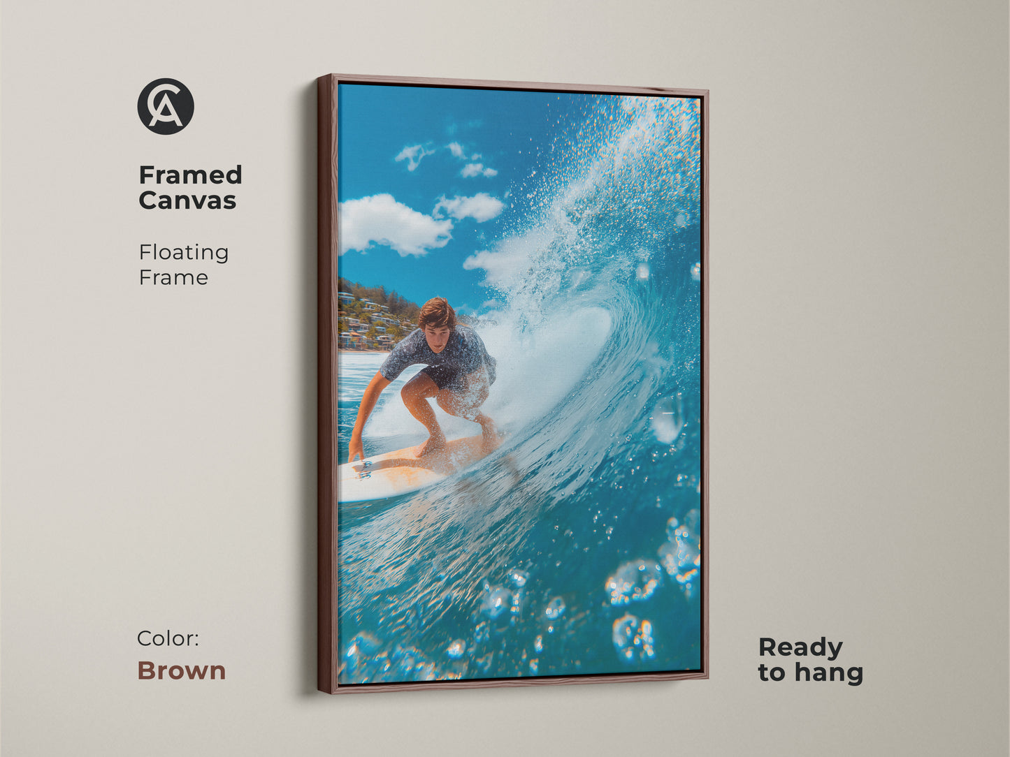 Framed canvas art of a surfer riding a wave. The floating frame is brown. This surfing artwork is ready to hang. The blue ocean wave is barreling. Shop now for unique surf art prints