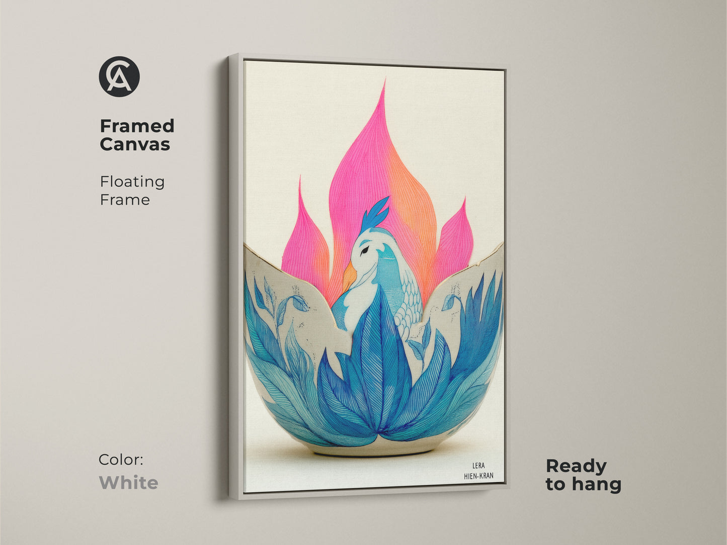 Framed Canvas Phoenix Art in a Floating White Frame. This unique canvas wall art displays a teal blue bird and lotus floral pattern. Ready to hang the artwork brings a modern folk style to your home. It's a great gift for creative spaces.