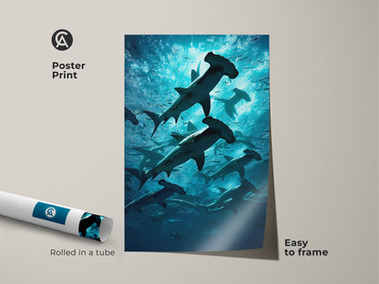 Easy to frame poster print of hammerhead sharks underwater. Rolled in a tube for protection this marine life artwork is perfect for adding deep blue wildlife nature to any room. A great gift idea.
