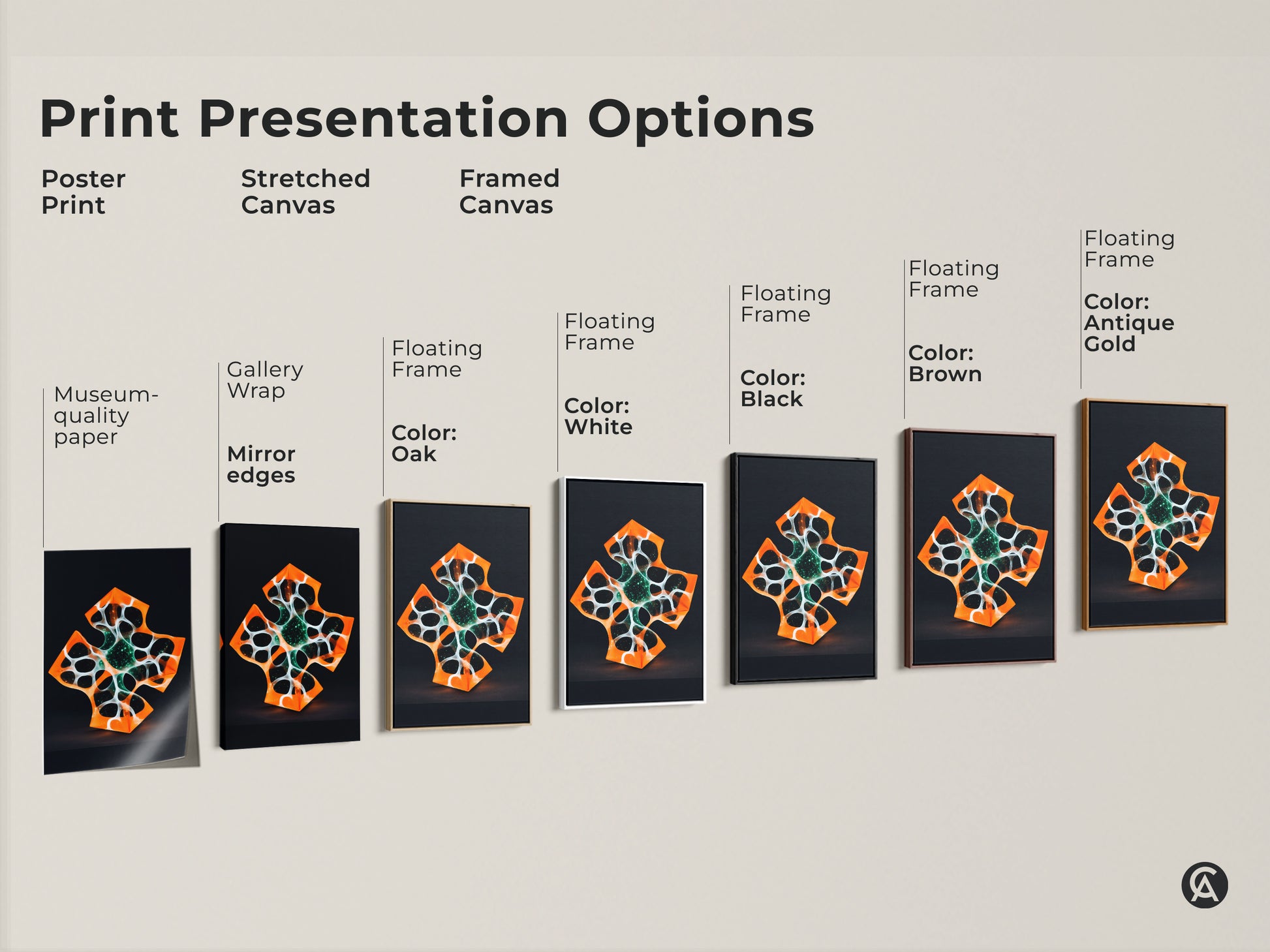 Presentation options for abstract geometric cross art prints. Options include framed canvas stretched canvas and posters. Frames available in black brown oak white and antique gold. Perfect modern home decor.