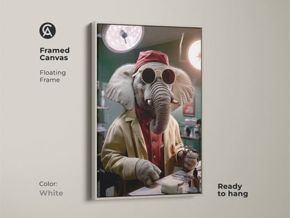 Framed canvas featuring surreal elephant doctor art. The floating frame is white. This animal doctor canvas print is ready to hang. The artwork is funny medical office decor and unique animal portrait art. The art includes surgical tools making it an eclectic gift for doctors or surgeons.