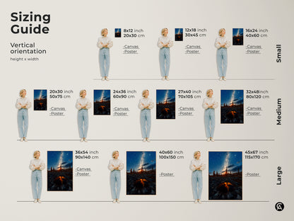 Sizing guide for vertical orientation Milky Way canvas and poster prints. Discover the perfect fit from small to large sizes. Visualize the dimensions with a model. Options include 8x12 inch to 45x67 inch prints. Ideal astronomy gift and nature artwork for any space. Transform your home today.