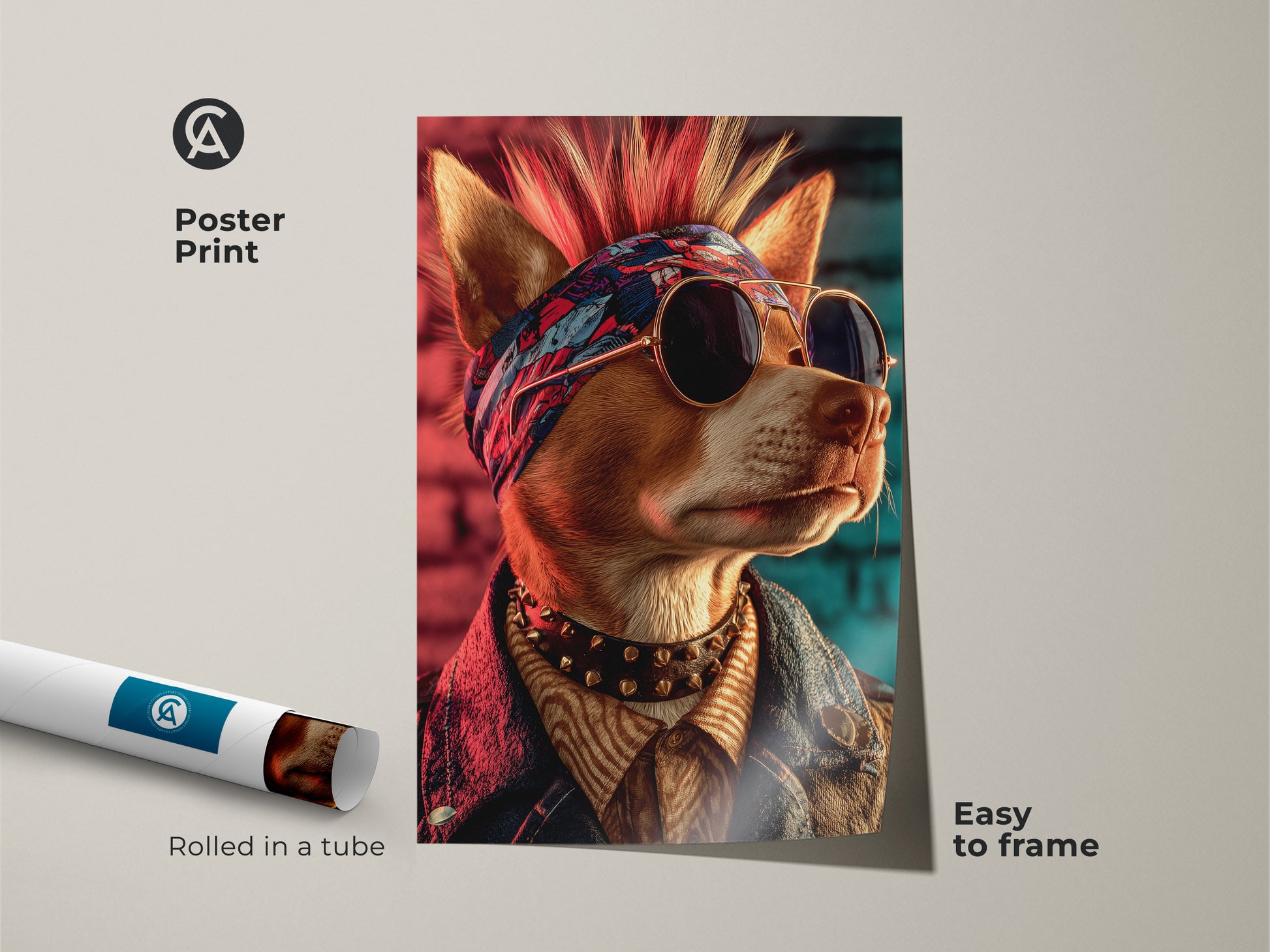 Punk rock dog artwork as a poster print. The poster features a mohawk dog with sunglasses. Easy to frame this print adds alternative style. This unique dog with a bandana and denim jacket looks cool. It is perfect for alternative style home decor. This vintage punk art print makes a statement. A rebel dog canvas for rock art lovers.