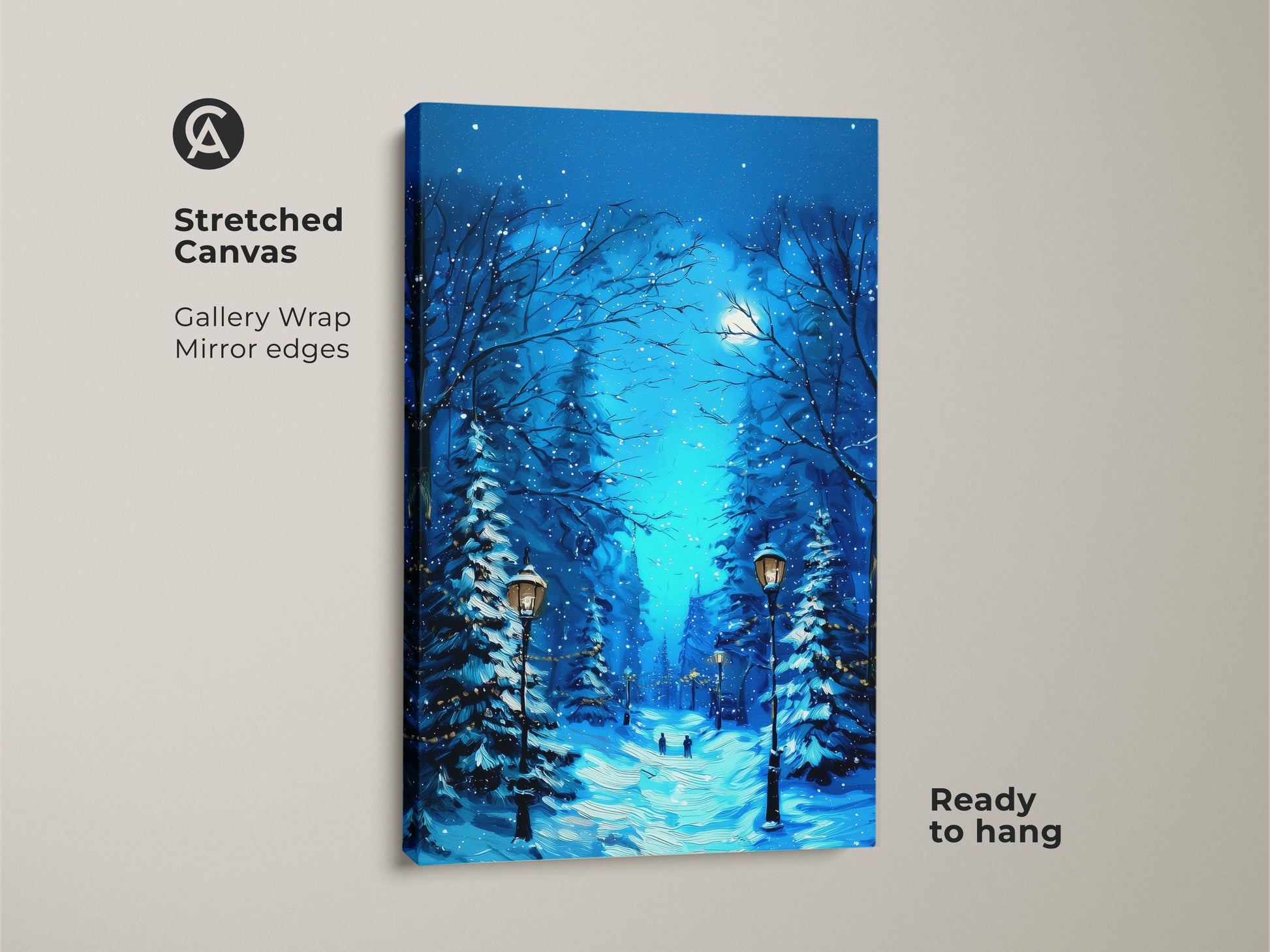 Stretched canvas gallery wrap featuring a deep blue snowy forest art. The moonlit winter landscape highlights street lamps. The mirror edges add to the cozy Christmas decor. This winter forest canvas art is ready to hang. Ideal for winter lovers seeking nature wall decor. The blue cyan art print captures the magic of the season