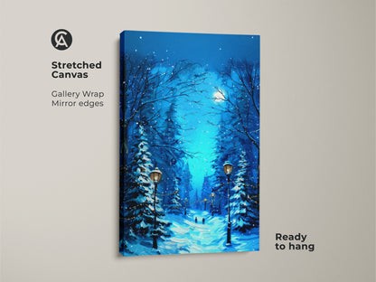 Stretched canvas gallery wrap featuring a deep blue snowy forest art. The moonlit winter landscape highlights street lamps. The mirror edges add to the cozy Christmas decor. This winter forest canvas art is ready to hang. Ideal for winter lovers seeking nature wall decor. The blue cyan art print captures the magic of the season