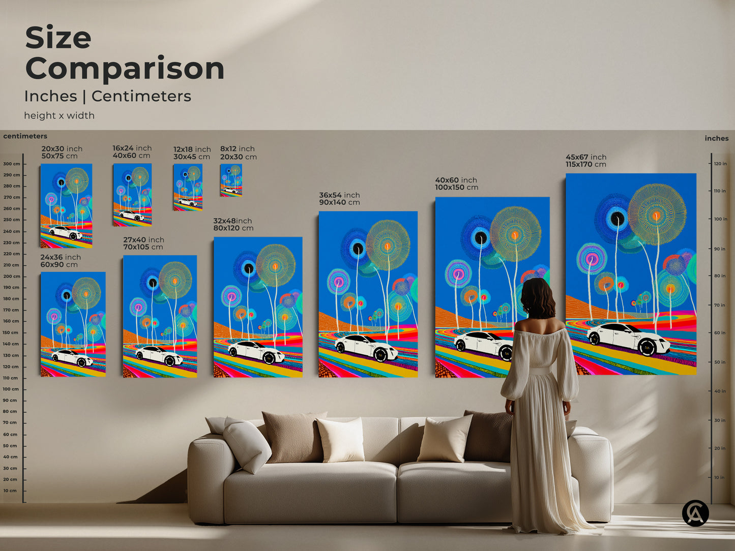 A Size Comparison shows this artwork in various sizes inches and centimeters. Picture this modern art in your living room. This colorful car landscape print brings a unique touch. Find the perfect fit for your eclectic home decor.