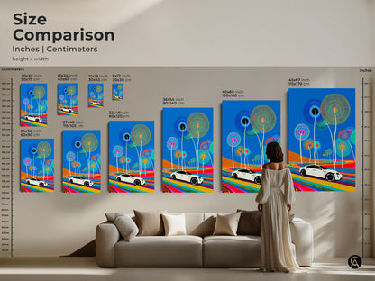 A Size Comparison shows this artwork in various sizes inches and centimeters. Picture this modern art in your living room. This colorful car landscape print brings a unique touch. Find the perfect fit for your eclectic home decor.