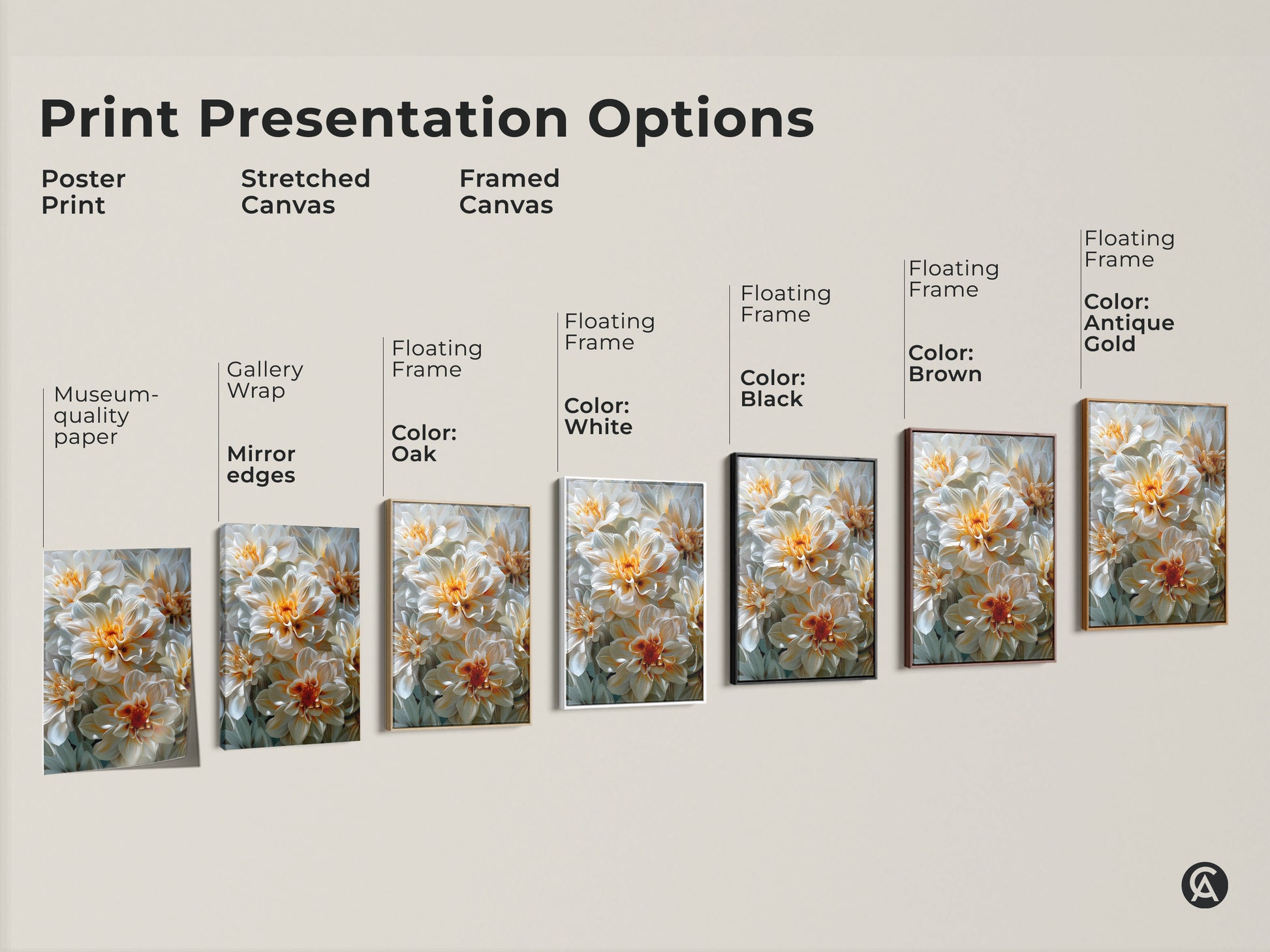 Explore print presentation options for dahlia floral artwork. Choose from poster prints stretched canvases or framed canvases. Customize with floating frames in various colors like black brown antique gold and white. Find the perfect style to showcase this beautiful floral art.