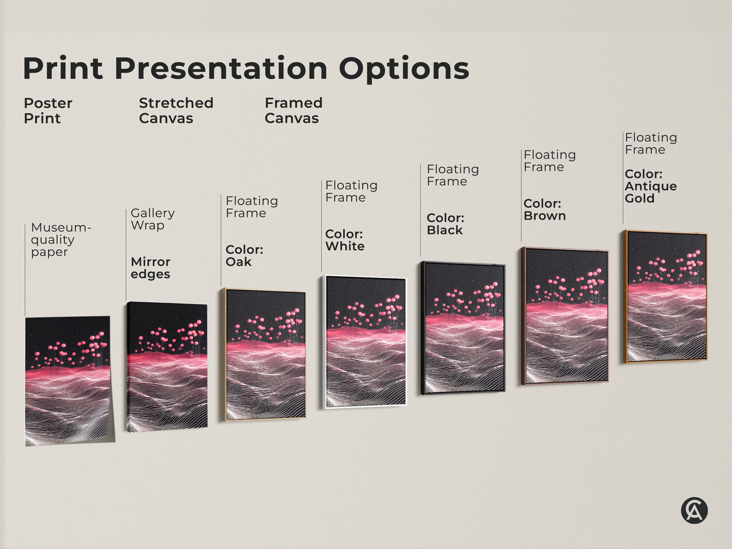 Print Presentation Options: Poster Print Stretched Canvas and Framed Canvas. All featuring Sci-Fi Abstract Landscape Artwork. Pink Balloons float across a Magenta Starry Sky. See options in Black Brown Antique Gold Oak and White. Find the perfect futuristic home accent.