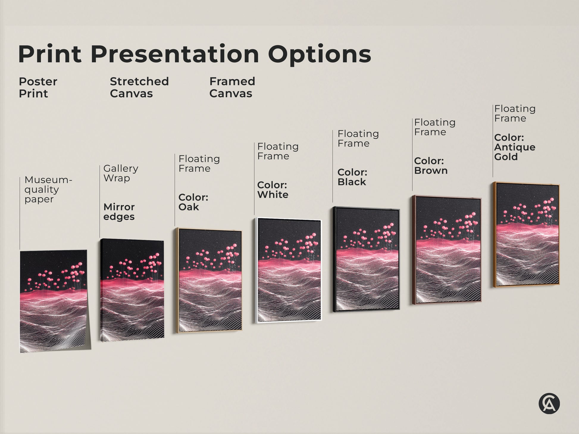 Print Presentation Options: Poster Print Stretched Canvas and Framed Canvas. All featuring Sci-Fi Abstract Landscape Artwork. Pink Balloons float across a Magenta Starry Sky. See options in Black Brown Antique Gold Oak and White. Find the perfect futuristic home accent.